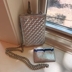 Metallic Silver Quilted Chain Phone Case Bag with Matching Card Holder